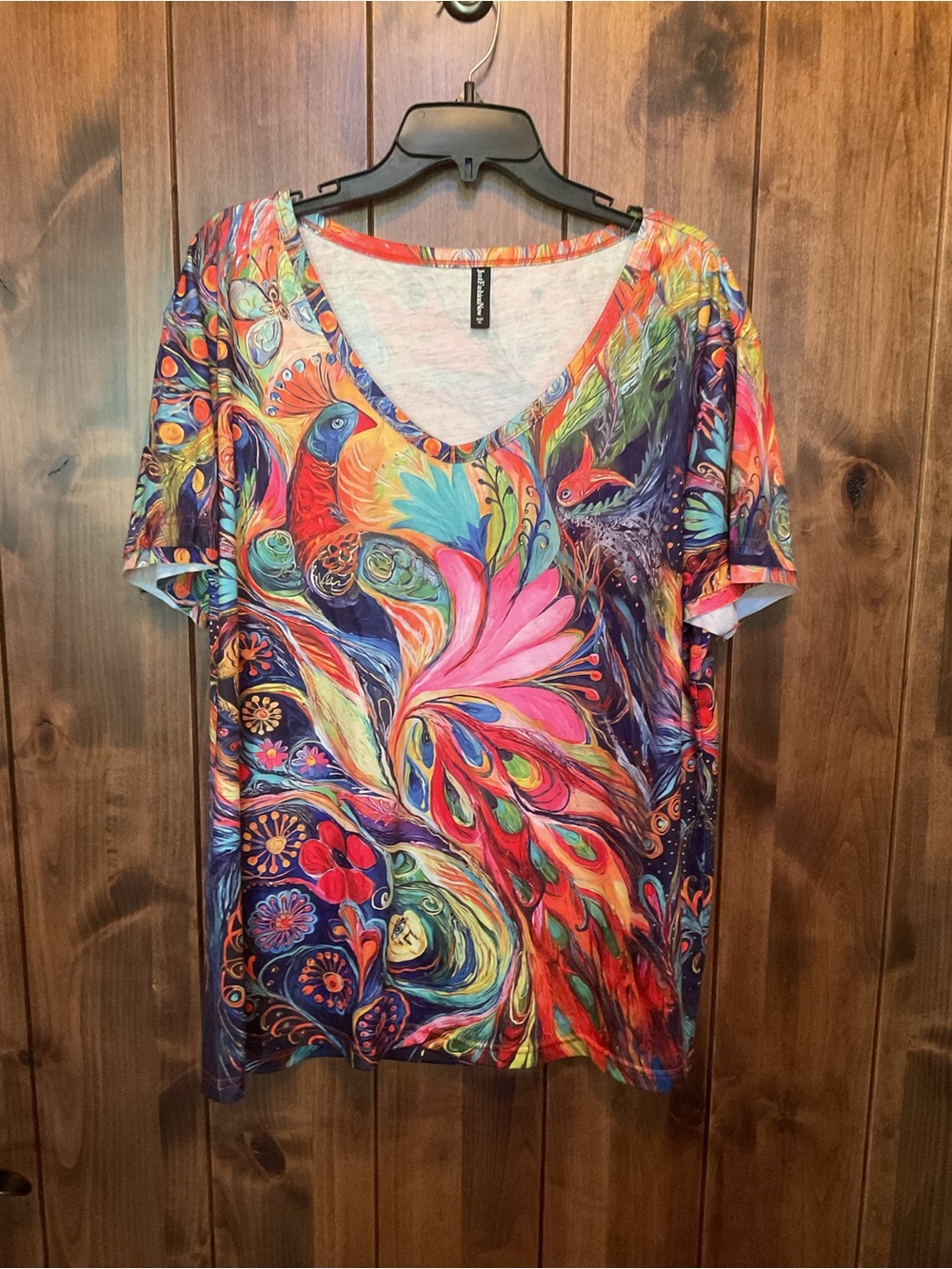 Colorful V-Neck Short Sleeve Top - Multicolor Artistic Print